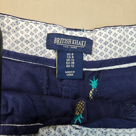British Khaki Womens Navy Blue Pineapple Embroidered Chino Shorts Size 8 - Picture 4 of 8